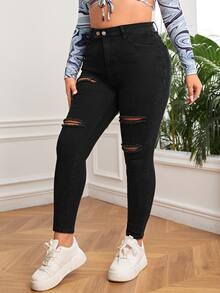 Plus High Waist Ripped Skinny Jeans - Black - View 3