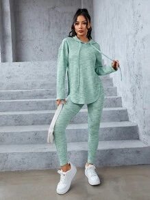 SHEIN PETITE Space Dye Drop Shoulder Split Hem Drawstring Hoodie & Leggings - Mint Green - View 4