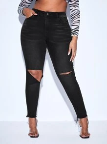 SHEIN Plus High Waist Ripped Raw Hem Skinny Jeans - Black - View 3