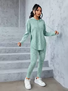 SHEIN PETITE Space Dye Drop Shoulder Split Hem Drawstring Hoodie & Leggings - Mint Green - View 5