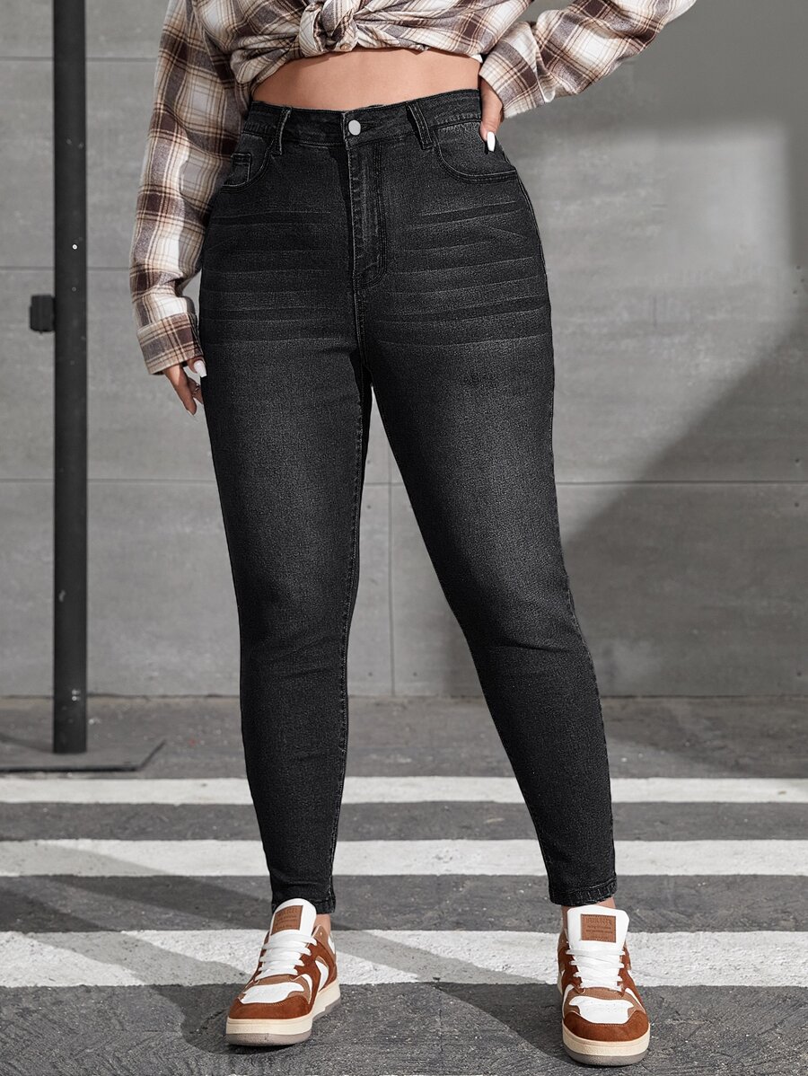 SHEIN EZwear Quần Denim kích thước lớn Nút Túi Dây kéo màu trơn - màu đen - Xem 1