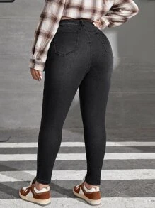 SHEIN EZwear Quần Denim kích thước lớn Nút Túi Dây kéo màu trơn - màu đen - Xem 2