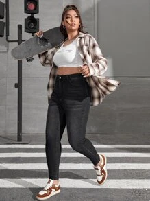 SHEIN EZwear Quần Denim kích thước lớn Nút Túi Dây kéo màu trơn - màu đen - Xem 3