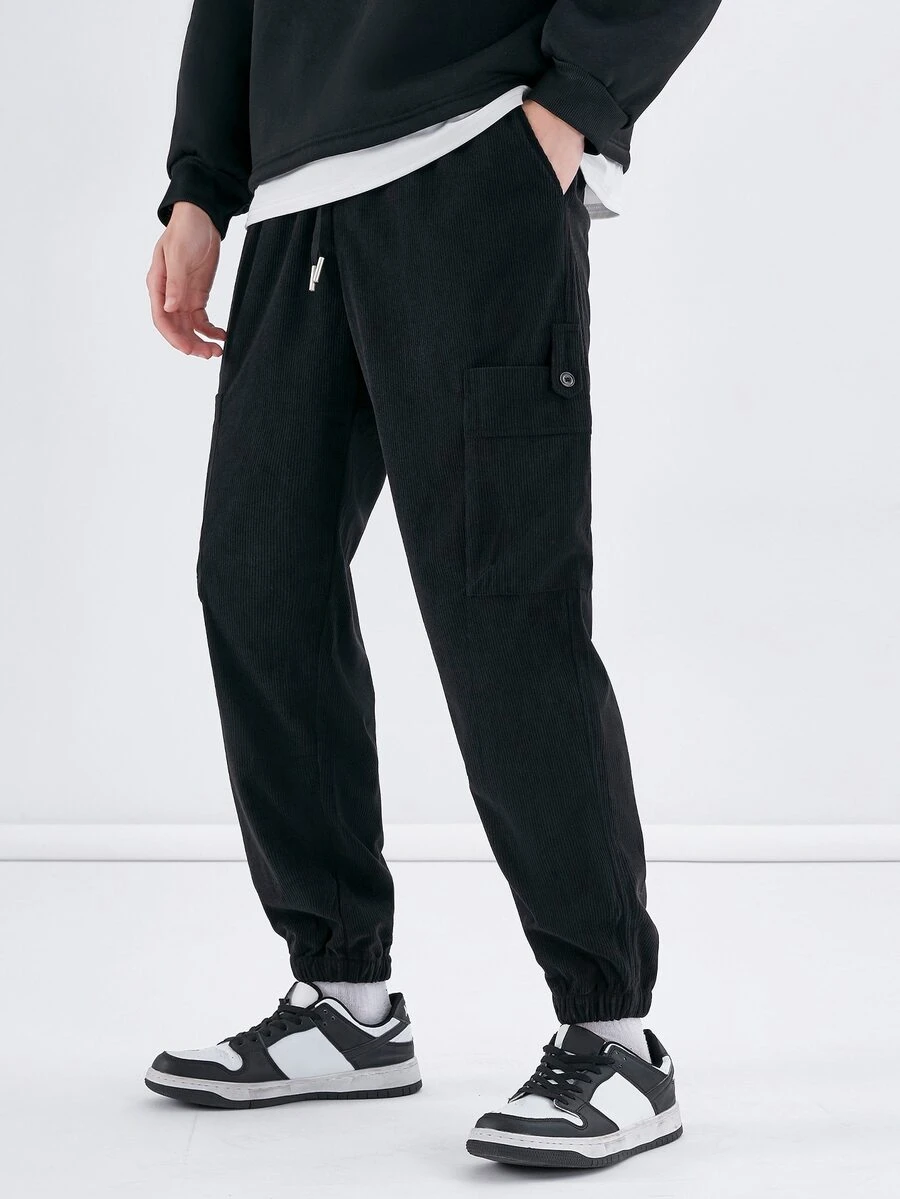 Manfinity Hombres Pantalones de cintura con cordón con bolsillo lateral - Negro - Ver 1