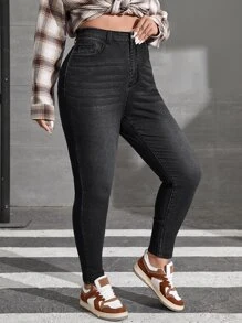 SHEIN EZwear Quần Denim kích thước lớn Nút Túi Dây kéo màu trơn - màu đen - Xem 4