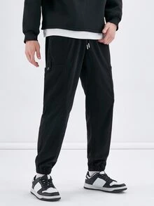 Manfinity Hombres Pantalones de cintura con cordón con bolsillo lateral - Negro - Ver 3