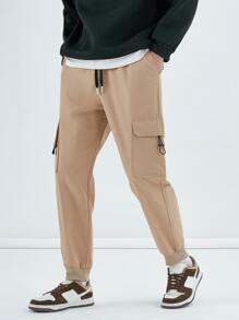 Manfinity Men Flap Pocket Side Drawstring Waist Cargo Trousers - Khaki - View 1