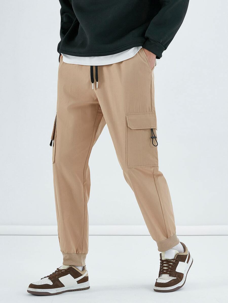 Manfinity Men Flap Pocket Side Drawstring Waist Cargo Trousers - Khaki - View 1