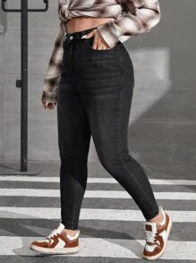 SHEIN EZwear Quần Denim kích thước lớn Nút Túi Dây kéo màu trơn - màu đen - Xem 5