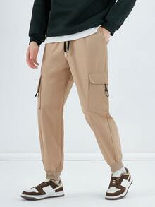 Manfinity Men Flap Pocket Side Drawstring Waist Cargo Trousers - Khaki - View 4