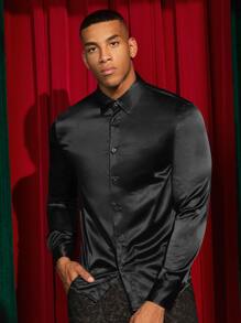 AKNOTIC Business Casual Men Gothic Button Front Satin Shirt, Fall, Couple Things, Long Sleeve Top - Black - View 2
