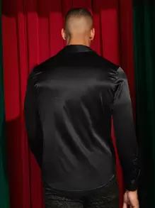 AKNOTIC Business Casual Men Gothic Button Front Satin Shirt, Fall, Couple Things, Long Sleeve Top - Black - View 4