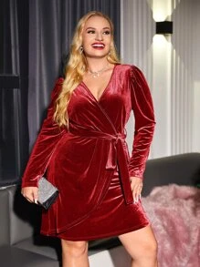 SHEIN Unity Plus Puff Sleeve Belted Velvet Wrap Dress - Red - View 1