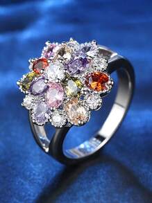 1pc Glamorous Luxury Multicolour Cubic Zirconia Ring For Ladies Fashion Jewelry Best Friend Gifts For Banquet - Multicolor - View 2