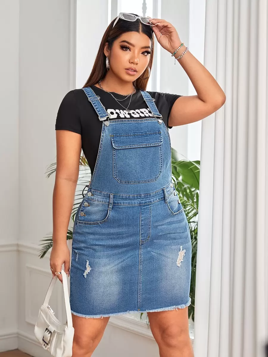 SHEIN ICON Plus Ripped Raw Hem Pinafore Denim Dress Without Tee - Medium Wash - View 1