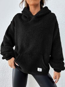 SHEIN EZwear Drop Shoulder Patch Detail Teddy Hoodie,Long Sleeve Tops In Fall/Winter - Black - View 1