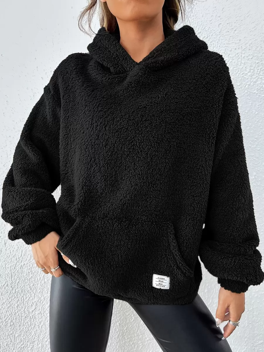SHEIN EZwear Drop Shoulder Patch Detail Teddy Hoodie,Long Sleeve Tops In Fall/Winter - Black - View 1