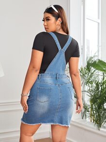 SHEIN ICON Plus Ripped Raw Hem Pinafore Denim Dress Without Tee - Medium Wash - View 2