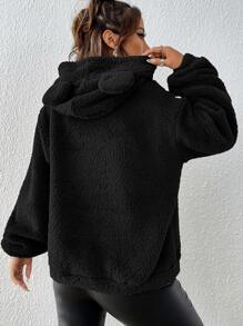 SHEIN EZwear Drop Shoulder Patch Detail Teddy Hoodie,Long Sleeve Tops In Fall/Winter - Black - View 2