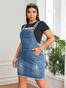 SHEIN ICON Plus Ripped Raw Hem Pinafore Denim Dress Without Tee - Medium Wash - View 3