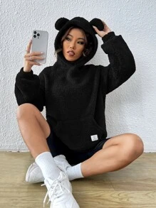 SHEIN EZwear Drop Shoulder Patch Detail Teddy Hoodie,Long Sleeve Tops In Fall/Winter - Black - View 6