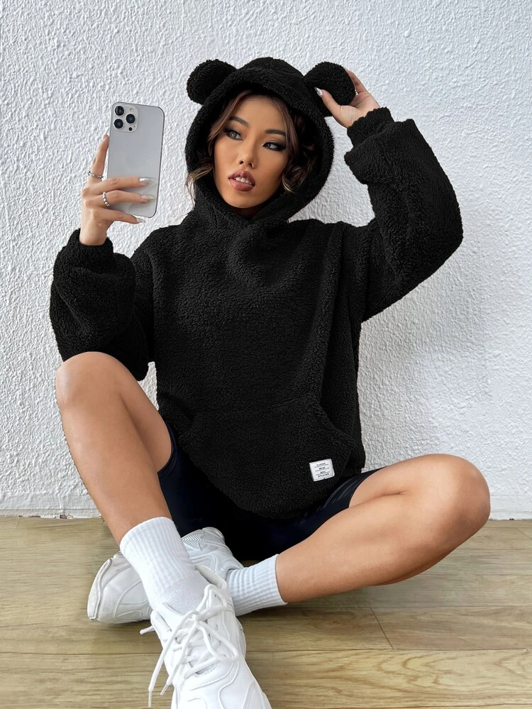 Drop Shoulder Patch Detail Teddy Hoodie,Long Sleeve Tops In Fall/Winter