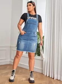 SHEIN ICON Plus Ripped Raw Hem Pinafore Denim Dress Without Tee - Medium Wash - View 4