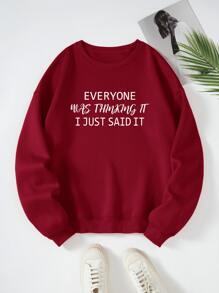 SHEIN EZwear Plus Slogan Graphic Thermal Lined Sweatshirt - Burgundy - View 1