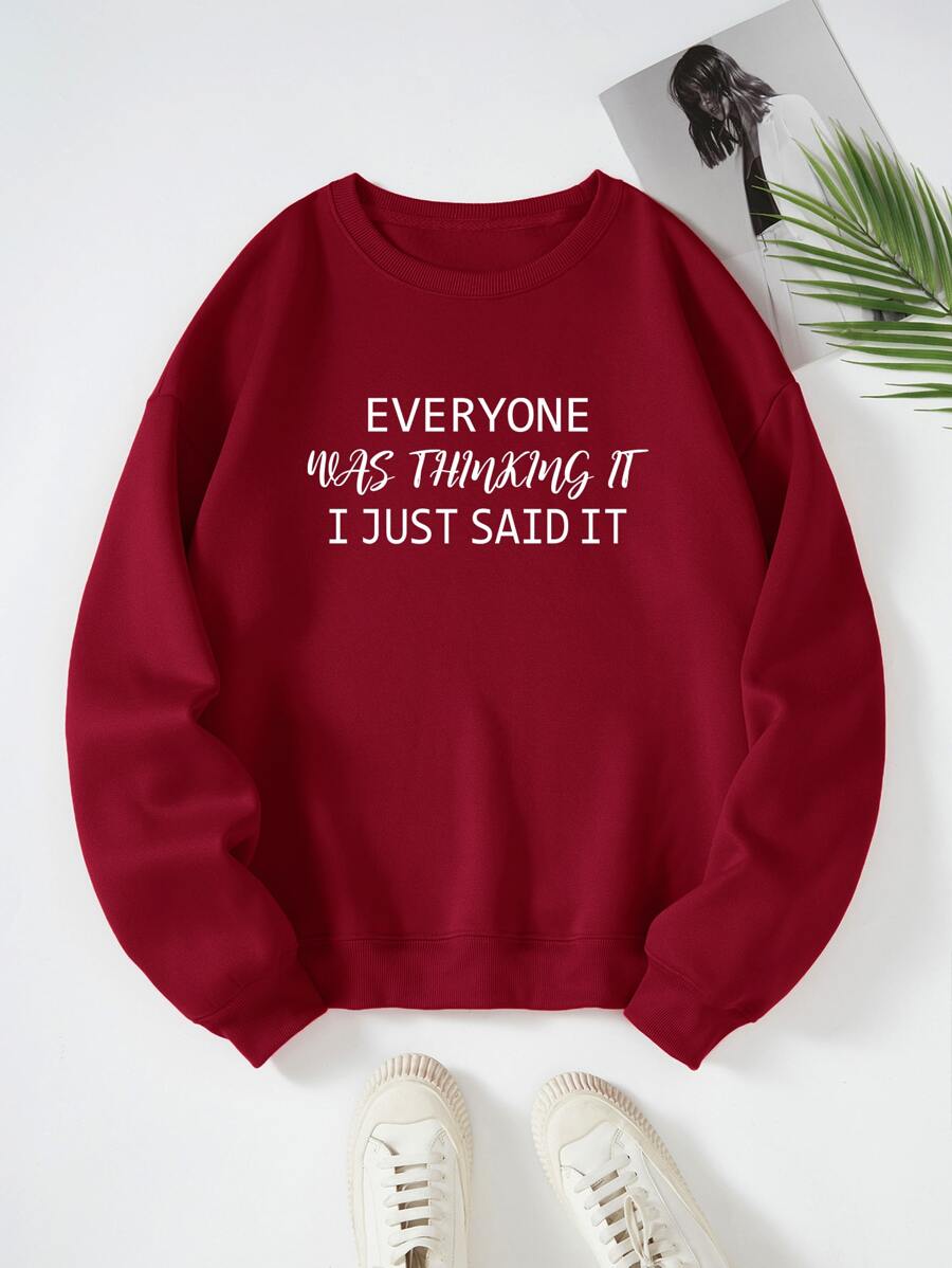 SHEIN EZwear Plus Slogan Graphic Thermal Lined Sweatshirt - Burgundy - View 1