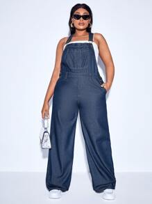 SHEIN Plus Slant Pocket Denim Dungarees Without Tube Top - Dark Wash - View 1