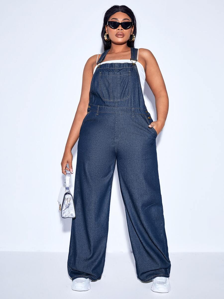 SHEIN Plus Slant Pocket Denim Dungarees Without Tube Top - Dark Wash - View 1