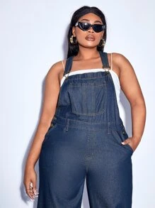 SHEIN Plus Slant Pocket Denim Dungarees Without Tube Top - Dark Wash - View 3