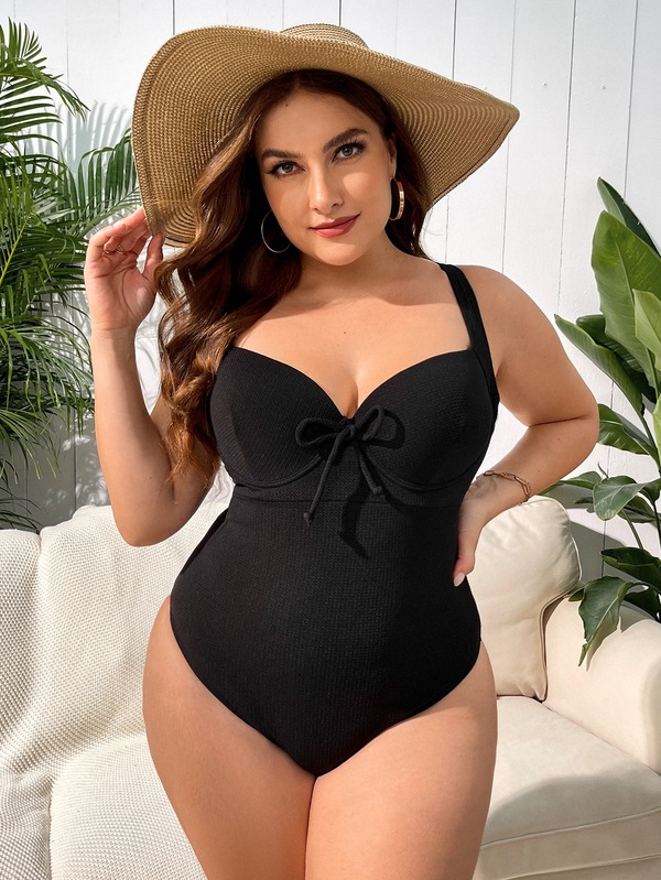 SHEIN Swim Basics Plus Solid Crisscross Tie Back One Piece Swimsuit