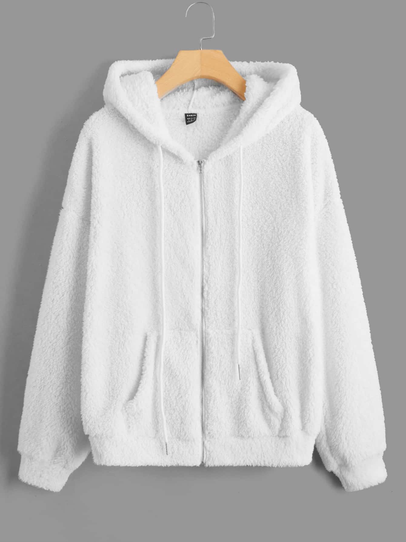 SHEIN LUNE Drop Shoulder Drawstring Hooded Teddy Jacket - White - View 1