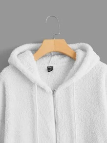 SHEIN LUNE Drop Shoulder Drawstring Hooded Teddy Jacket - White - View 3