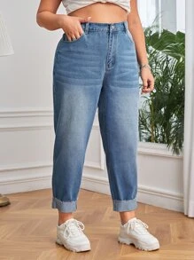 SHEIN EZwear Plus High Waist Bleach Wash Mom Fit Jeans - Medium Wash - View 1