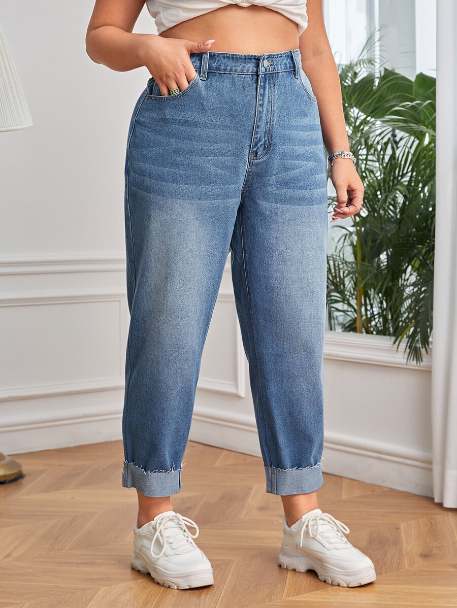 SHEIN EZwear Plus High Waist Bleach Wash Mom Fit Jeans - Medium Wash - View 1