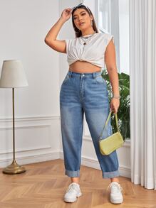 SHEIN EZwear Plus High Waist Bleach Wash Mom Fit Jeans - Medium Wash - View 3