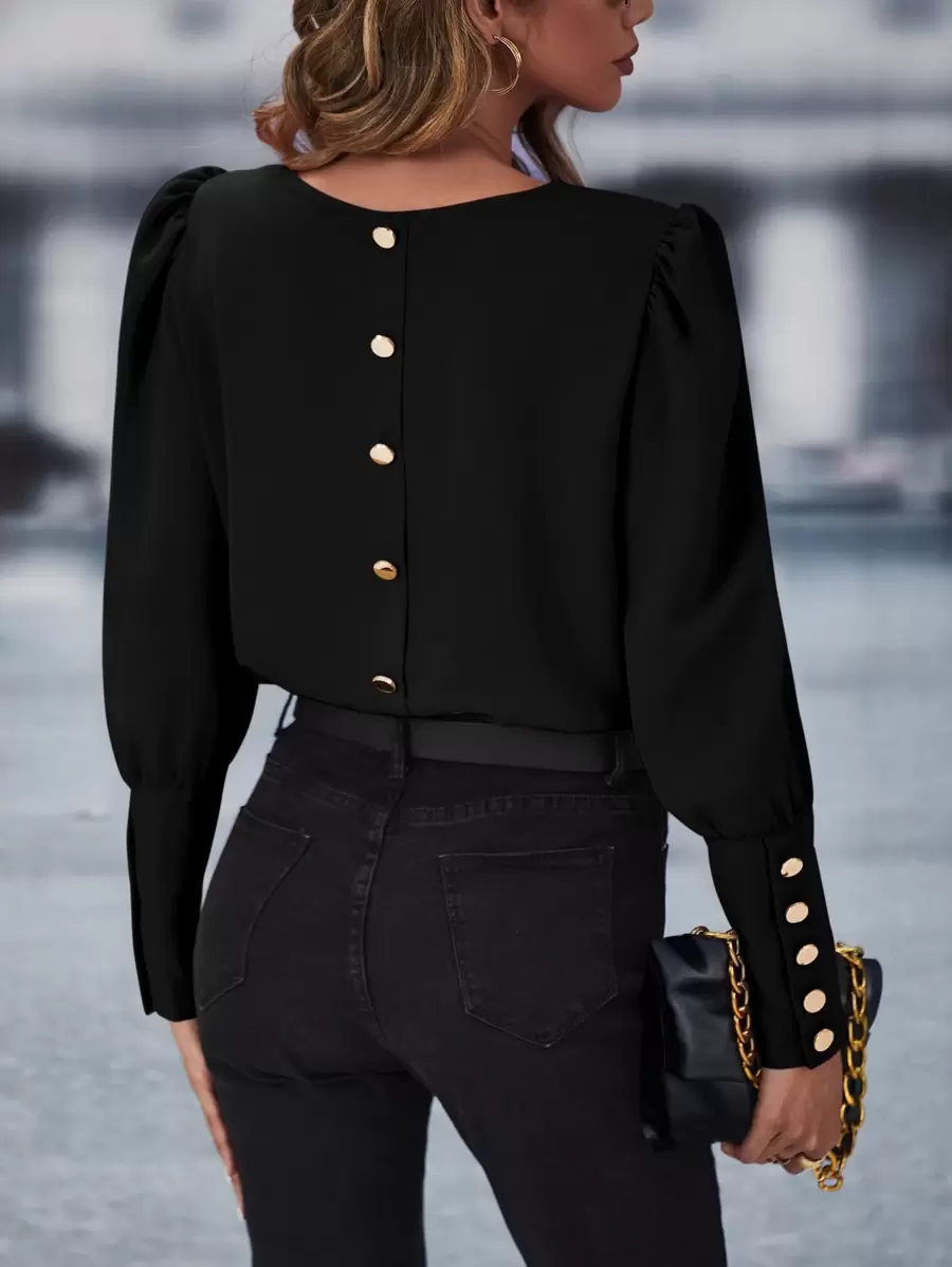 SHEIN LUNE Button Back Puff Sleeve Blouse,Long Sleeve Tops Fall Cloth For Women - Black - View 1