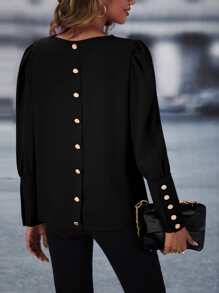 SHEIN LUNE Button Back Puff Sleeve Blouse,Long Sleeve Tops Fall Cloth For Women - Black - View 2