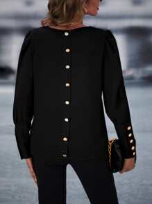 SHEIN LUNE Button Back Puff Sleeve Blouse,Long Sleeve Tops Fall Cloth For Women - Black - View 5