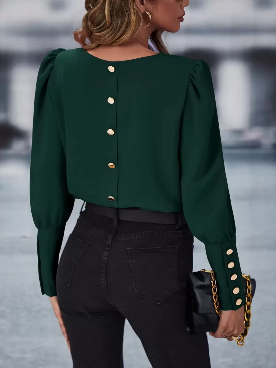 SHEIN Clasi Button Back Puff Sleeve Blouse,Long Sleeve Tops Fall Cloth For Women - Dark Green - View 1
