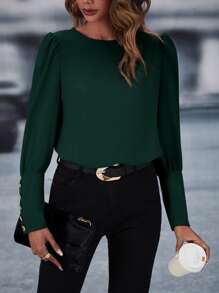 SHEIN Clasi Button Back Puff Sleeve Blouse,Long Sleeve Tops Fall Cloth For Women - Dark Green - View 3