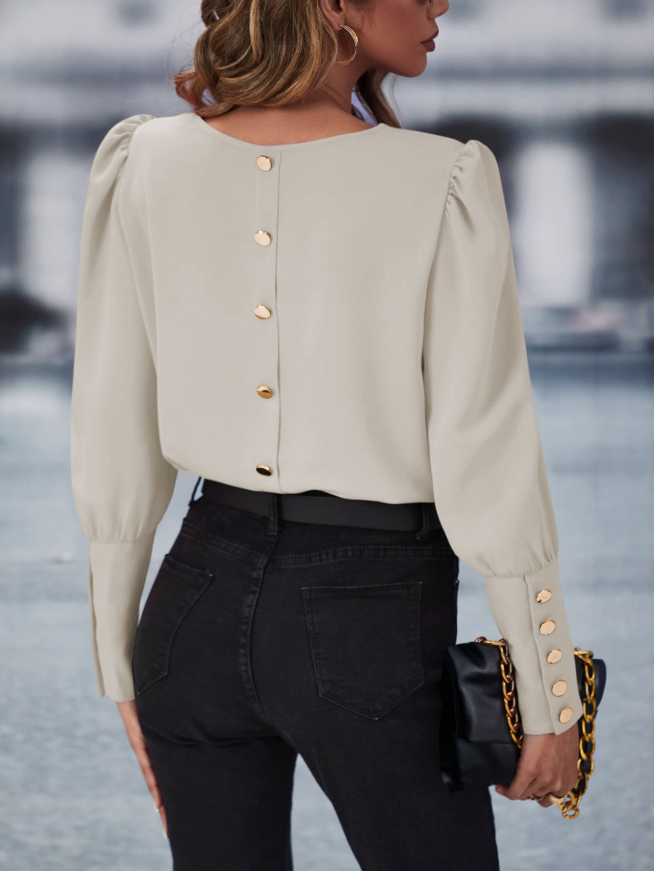 SHEIN LUNE Button Back Puff Sleeve Blouse - Apricot - View 1