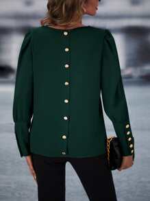 SHEIN Clasi Button Back Puff Sleeve Blouse,Long Sleeve Tops Fall Cloth For Women - Dark Green - View 5