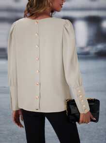 SHEIN LUNE Button Back Puff Sleeve Blouse - Apricot - View 2