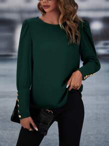 SHEIN Clasi Button Back Puff Sleeve Blouse,Long Sleeve Tops Fall Cloth For Women - Dark Green - View 6