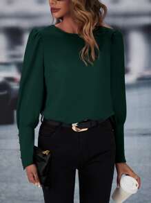 SHEIN Clasi Button Back Puff Sleeve Blouse,Long Sleeve Tops Fall Cloth For Women - Dark Green - View 7
