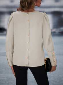 SHEIN LUNE Button Back Puff Sleeve Blouse - Apricot - View 5