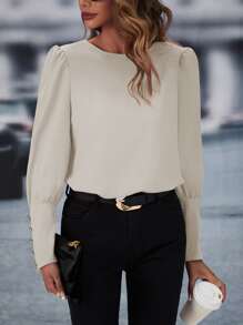 SHEIN LUNE Button Back Puff Sleeve Blouse - Apricot - View 7